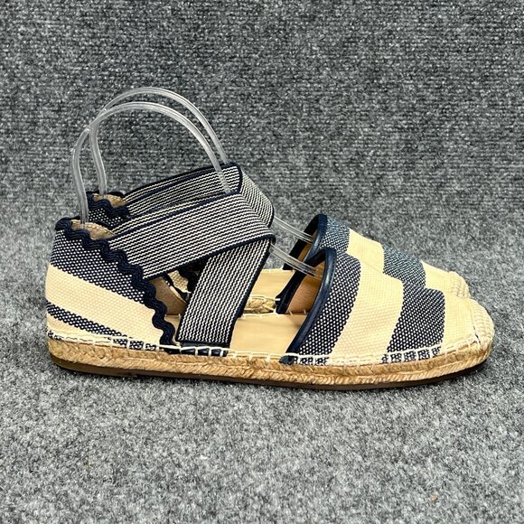 Lands End Sandals Womens Size 7 Blue Ceam Canvas Espadrille Nautical Stripe Shoe - Picture 1 of 12